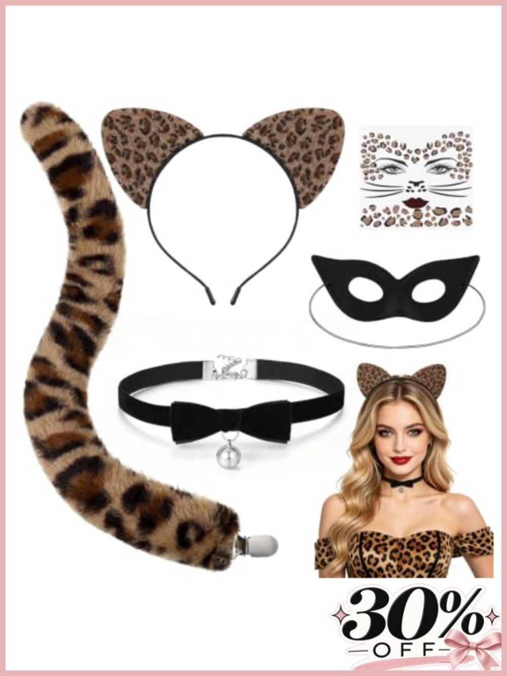 5 Pc Cheetah Costume Set Plush Leopard Ears Tail Mask Stickers Halloween